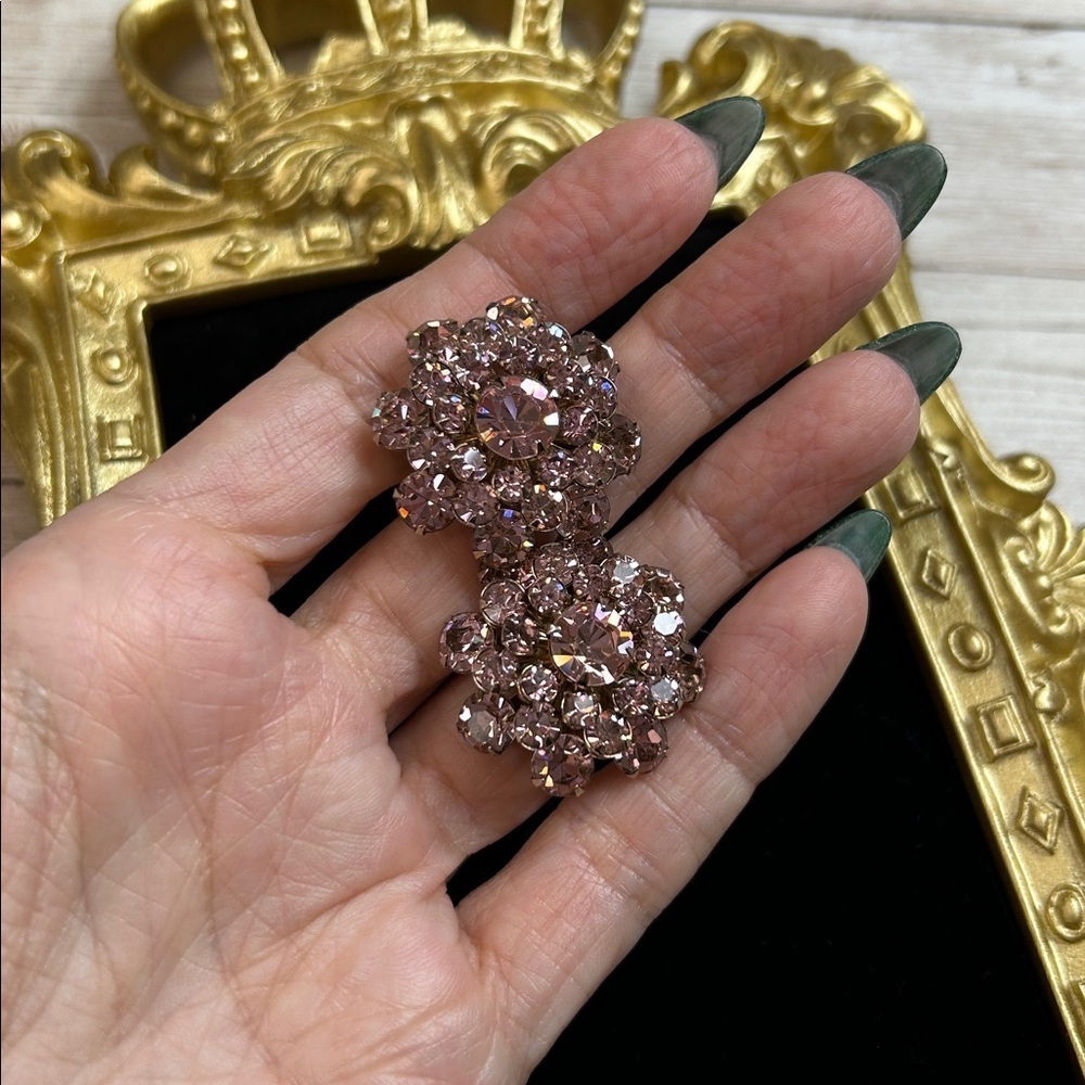 Vintage Pink AB Crystal Rhinestone Flower Clip On Earrings
